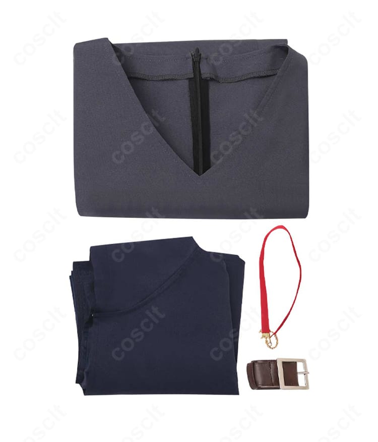 ファリン・トーデン コスプレ衣装のセット内容一式。マント、ワンピース、ベルト、チョーカーの4点を並べて表示。