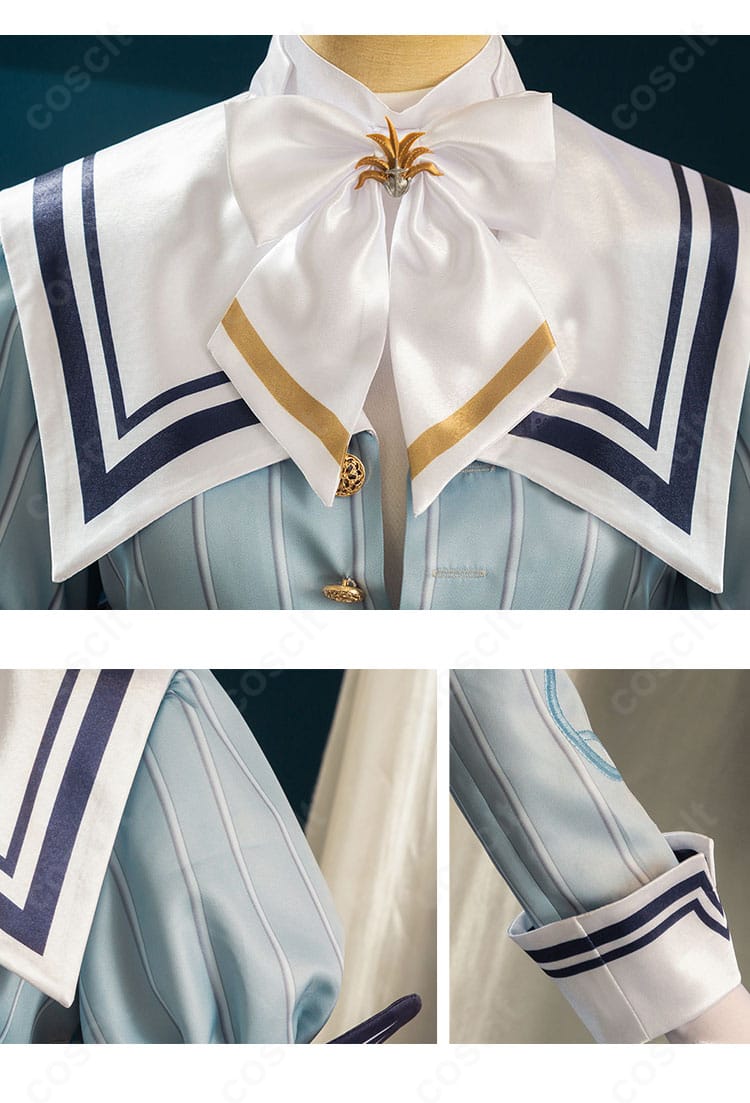 襟元と袖口の装飾ディテール。スカーフと襟飾りで『プリザーブドフラワー』の上品さを再現