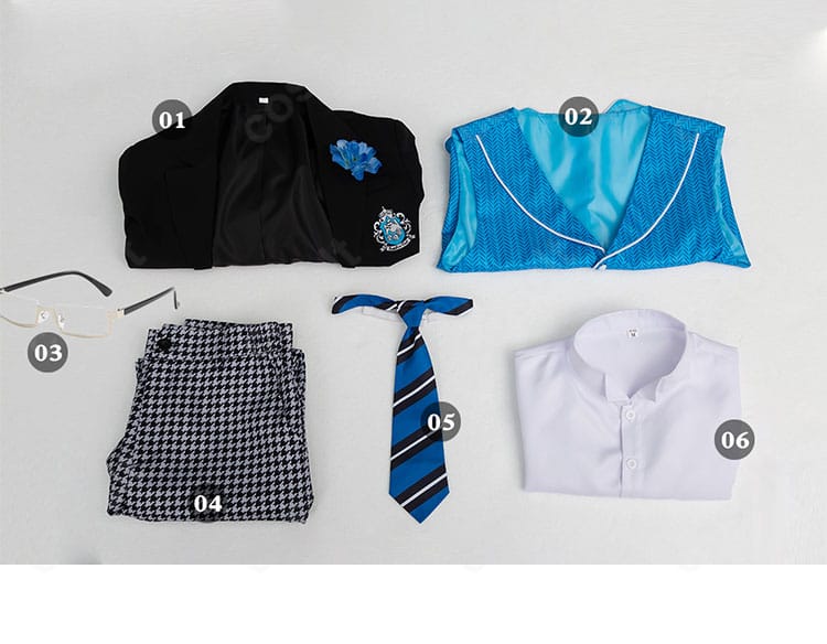 セット内容一覧:コート、ベスト、ズボン、シャツ、ネクタイ、メガネが揃うフルセット画像。