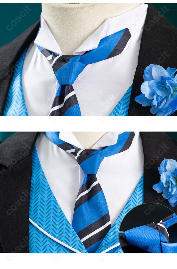 ネクタイ装飾のアップ。均整のとれた結び目と生地の艶でフォーマル感を演出。