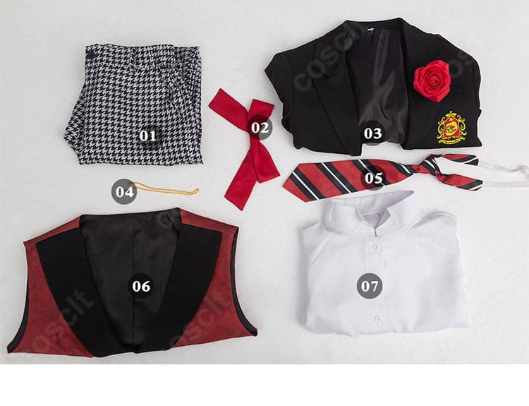 セット内容(コート・シャツ・ベスト・ズボン・ネクタイ・飾りチェーン)を並べたレイアウト画像