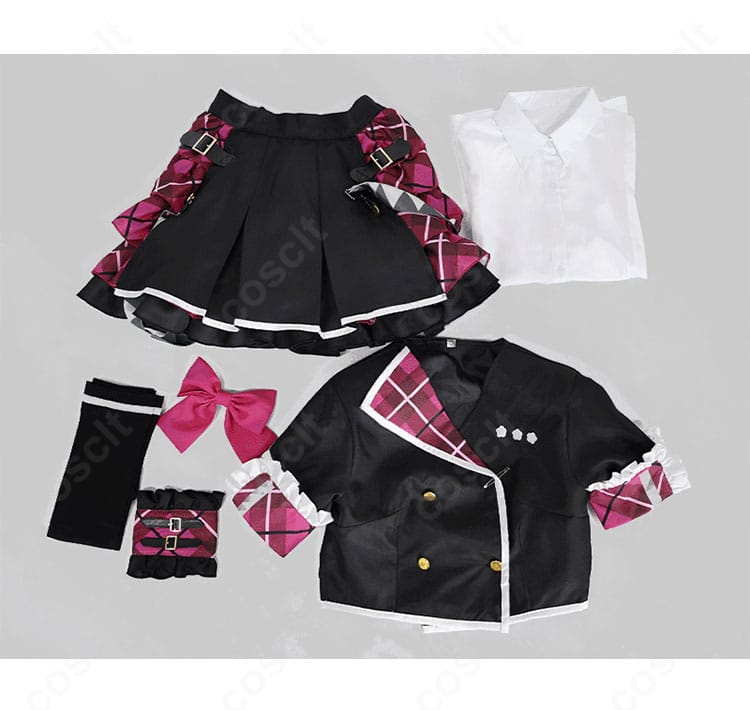 初音ミク Leo/need アイドル衣装のセット内容一式。トップス、シャツ、スカート、靴下、手首飾り、スカーフの同梱物一覧。