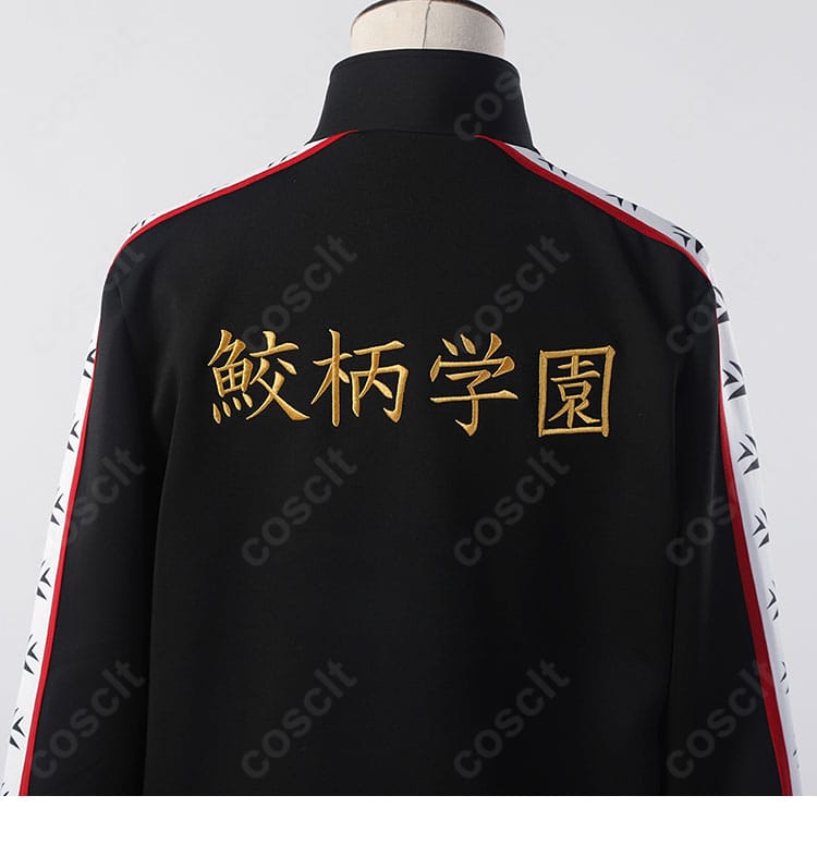 ジャージ背面装飾のクローズアップ。背中のロゴ風デザインと配色切替の仕上がりを示すディテール。