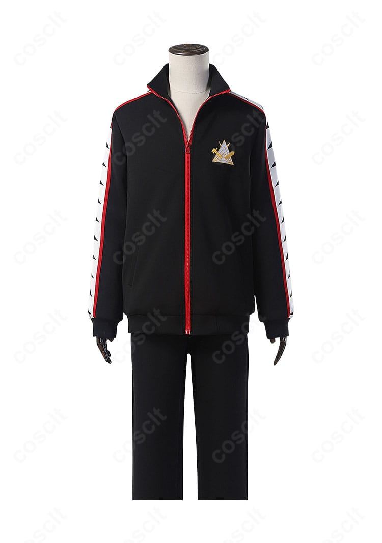 鮫柄学園水泳部ジャージの正面カット。フロントの配色ラインとロゴ装飾を忠実に表現し、イベント着用に適した仕立て。