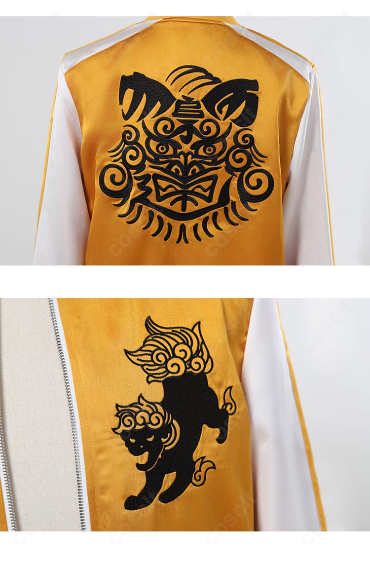 WIND BREAKER スカジャンの装飾クローズアップ。花柄や徽章風モチーフ、刺繍糸の質感が分かる接写。