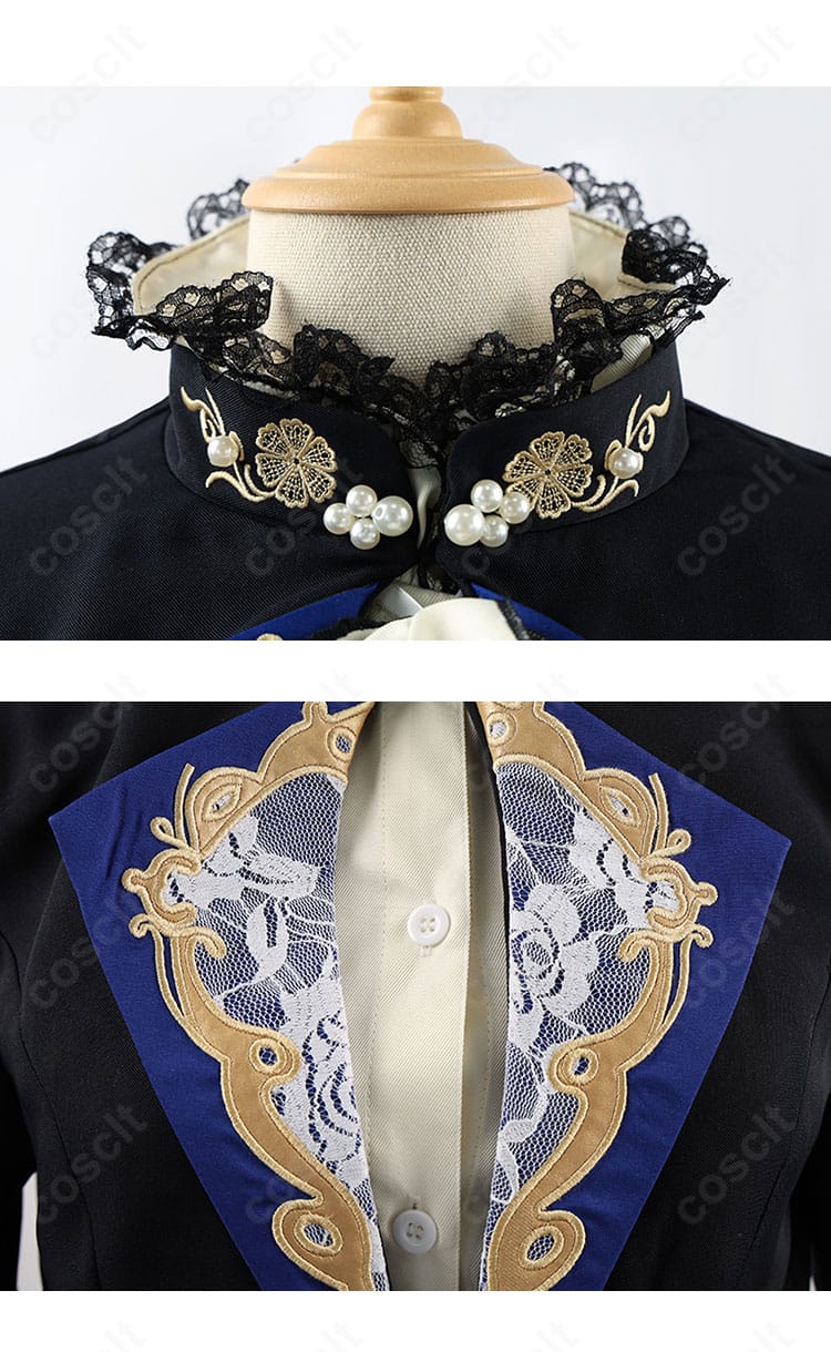 黒執事 シエル衣装の襟元ディテール。衿周りと装飾の質感が際立つエレガントな仕上がり。