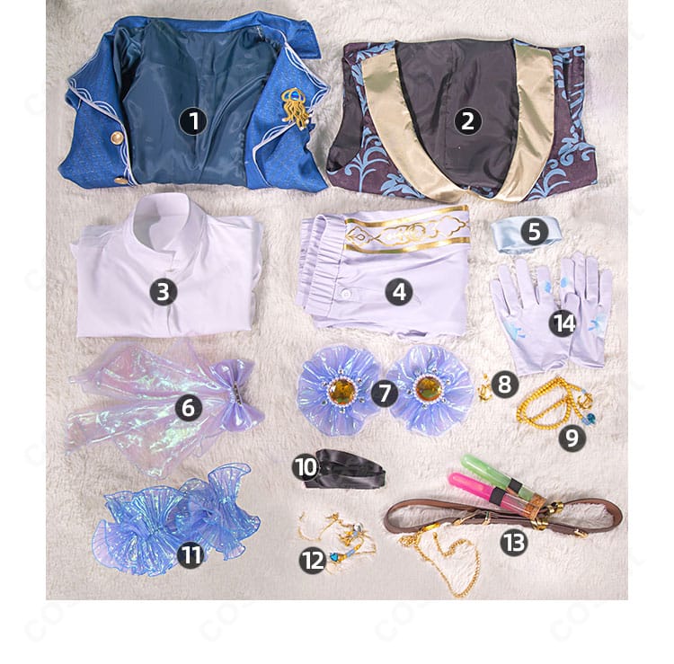 セット内容の一覧。コート、ベスト、シャツ、ズボン、スカーフ、各種飾り、ベルト、手袋が揃うフルセット