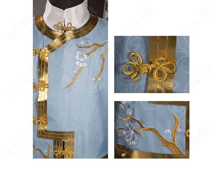 門襟の装飾と留め具ディテール。縫製と金具の質感が分かる接写