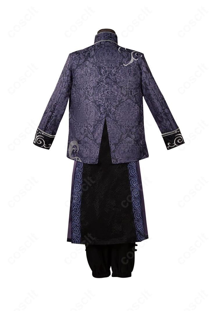 范無咎・麒麟商人の背面全体。背中の装飾とローブの流麗なラインを強調。