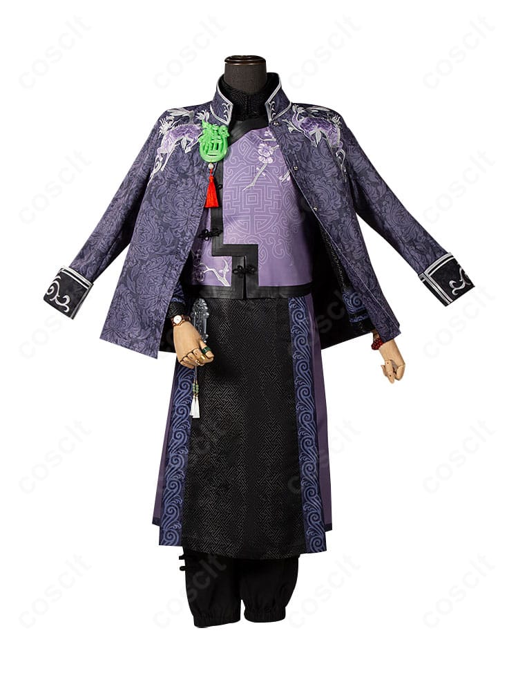 第五人格 范無咎(黒無常)麒麟商人コスプレの正面全体。コートと装飾の高精度な再現が際立つ。