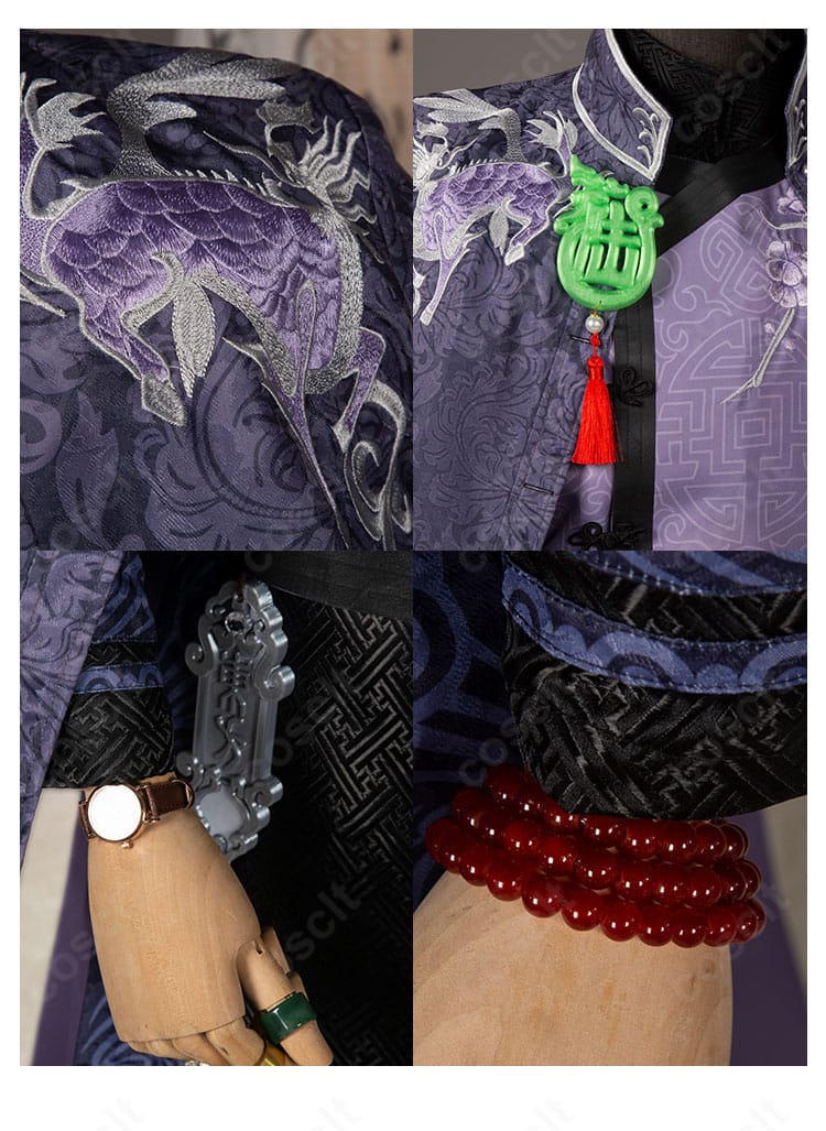 范無咎・麒麟商人のアクセサリー(領帯・首飾り)のアップ。精緻な装飾が特徴。