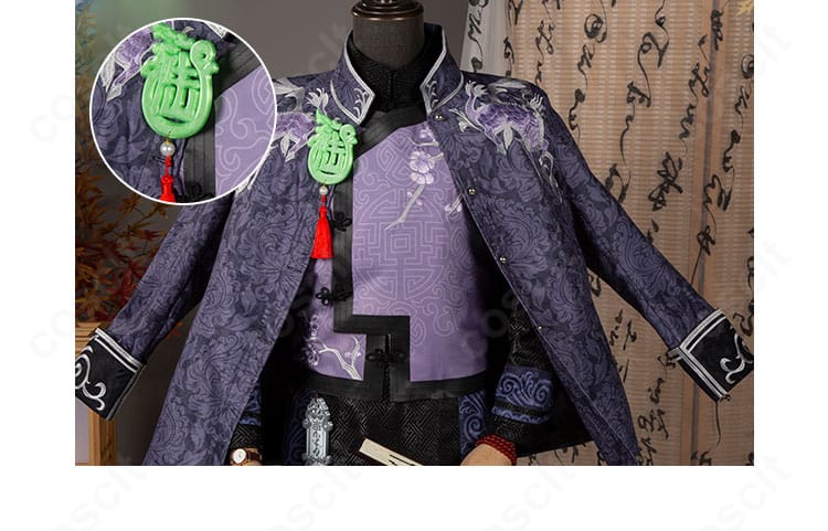 范無咎・麒麟商人の衣襟装飾ディテール。重ね襟と豪華な意匠を確認できる。