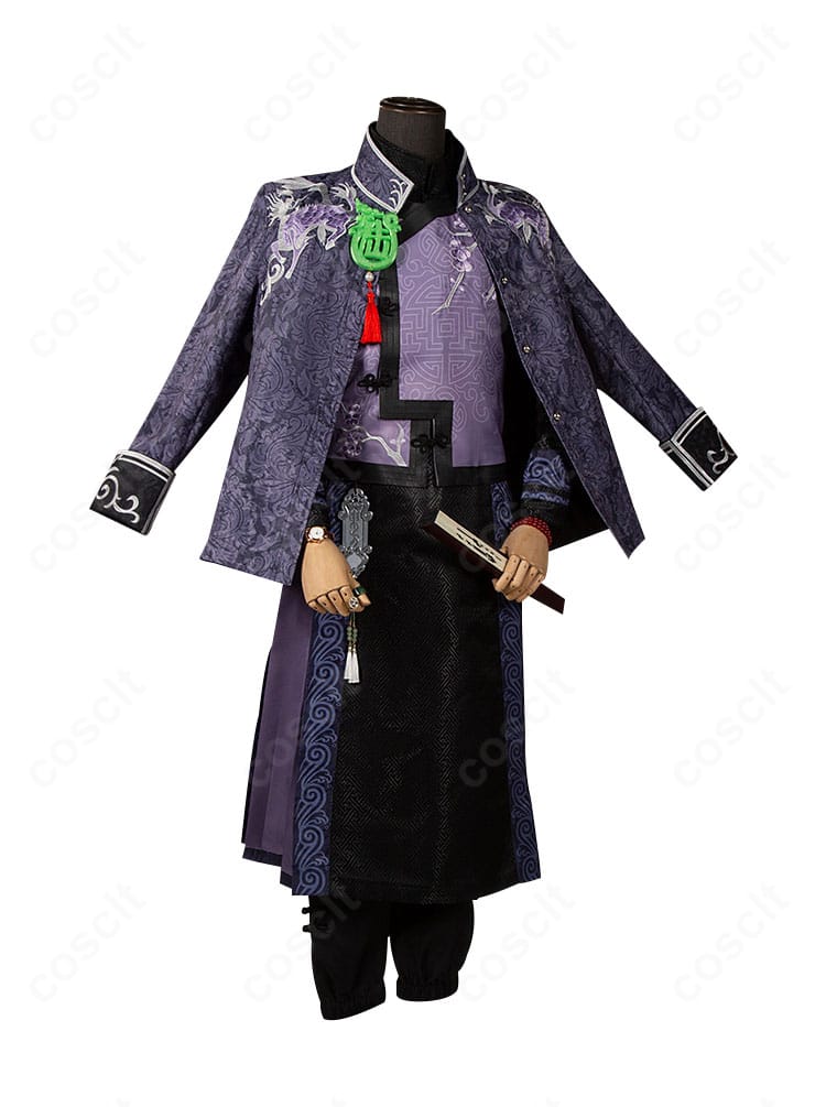 范無咎・麒麟商人の側面シルエット。袖と裾のライン、装飾配置の美しさが見える。