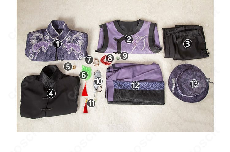 范無咎・麒麟商人コスプレのセット内容一覧。各アイテムを見やすく配置。