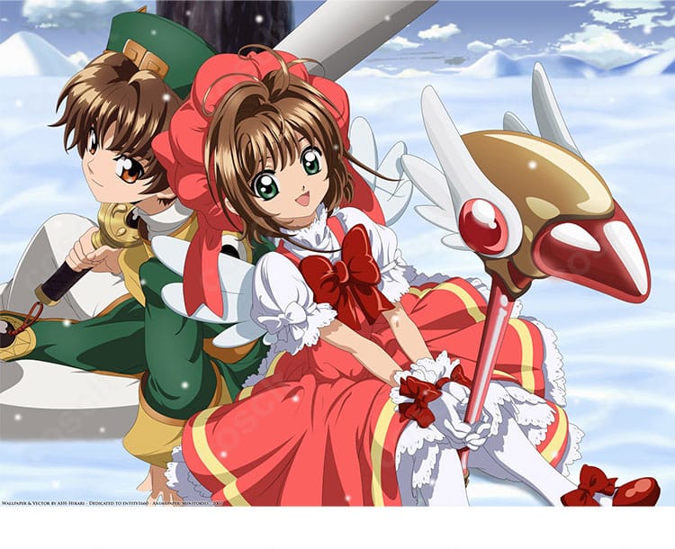 カードキャプターさくら 木之本桜のバトルコスチューム一式を着用した全身図。翼とリボンを備えた高再現コスプレ衣装。