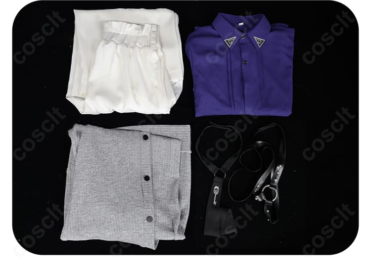 セット内容一覧。コート、シャツ、ズボン、ネクタイ、肩ベルトの同梱アイテムを並べた確認用画像。