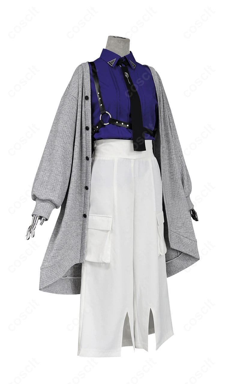 叶VVS衣装の側面ビュー。コートの落ち感とパンツのテーパードライン、肩ベルトの位置関係が分かる画像。