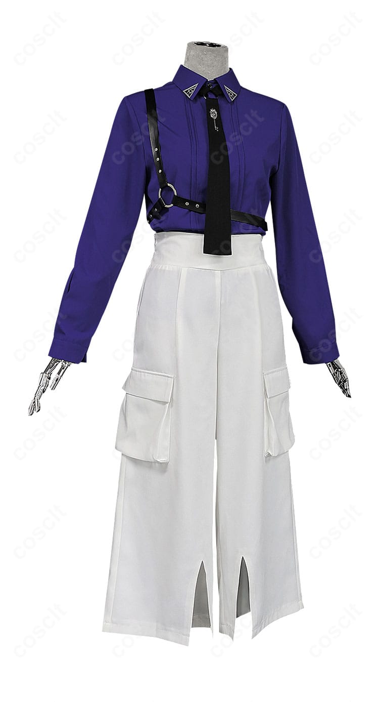 紫色インナー(シャツ)の正面ディテール。発色と前立ての仕立て、襟元のバランスをクローズアップ。