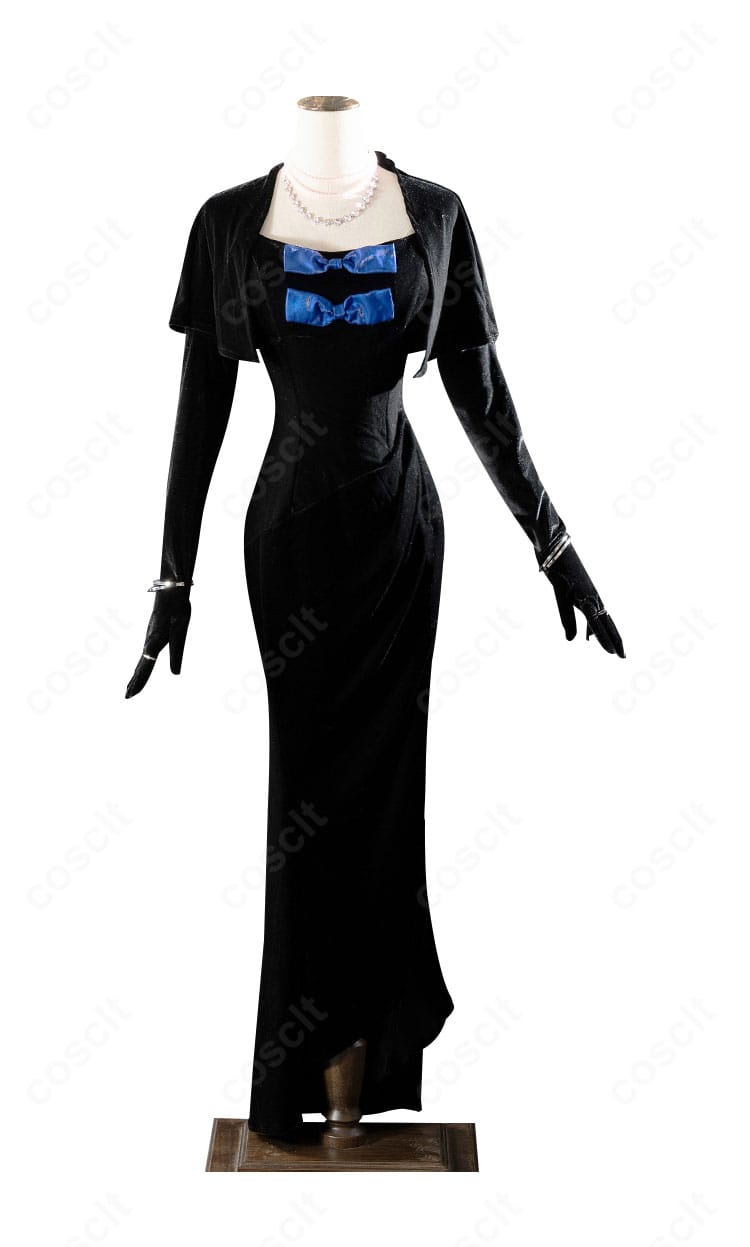 ストッキング・アナーキーのカジノドレス衣装 正面全身。上品シルエットと落ち着いた色味、アクセ一式で高再現のコスプレ衣装。