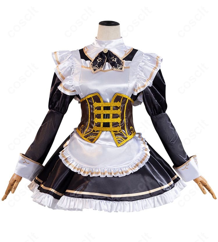 荘園茶会コスプレ衣装の正面全体。ワンピースとエプロン、領結が上品に映える構成。