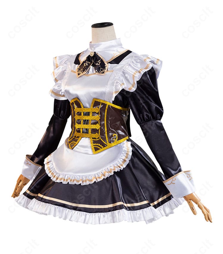 荘園茶会衣装の左側面。袖口のカフスとエプロンのフリル位置を確認できる画像。