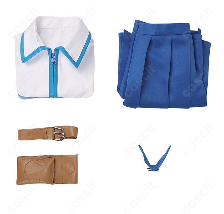 セット内容一式:トップス、スカート、ベルト、ポーチ、髪飾り。届いてすぐ使える構成。