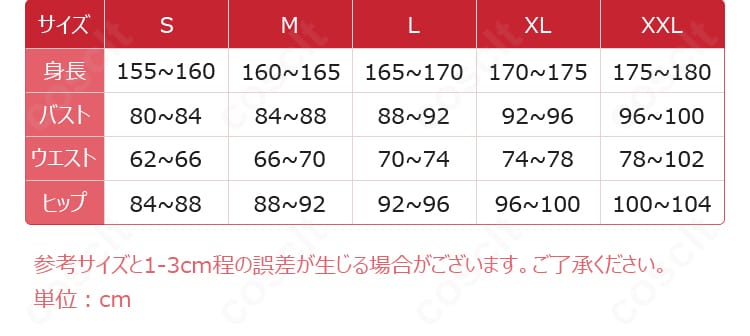 ねりコスプレ衣装のサイズ表。S・M・L・XLの寸法ガイドとして参考になる図。