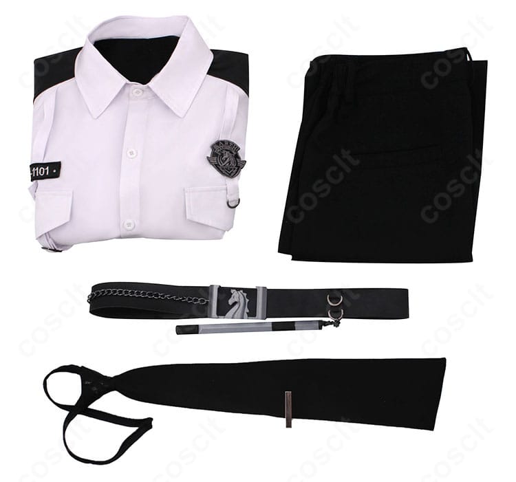 セット内容の展示画像。シャツ・ズボン・ネクタイ・ベルトの4点セットで即コーデ可能。