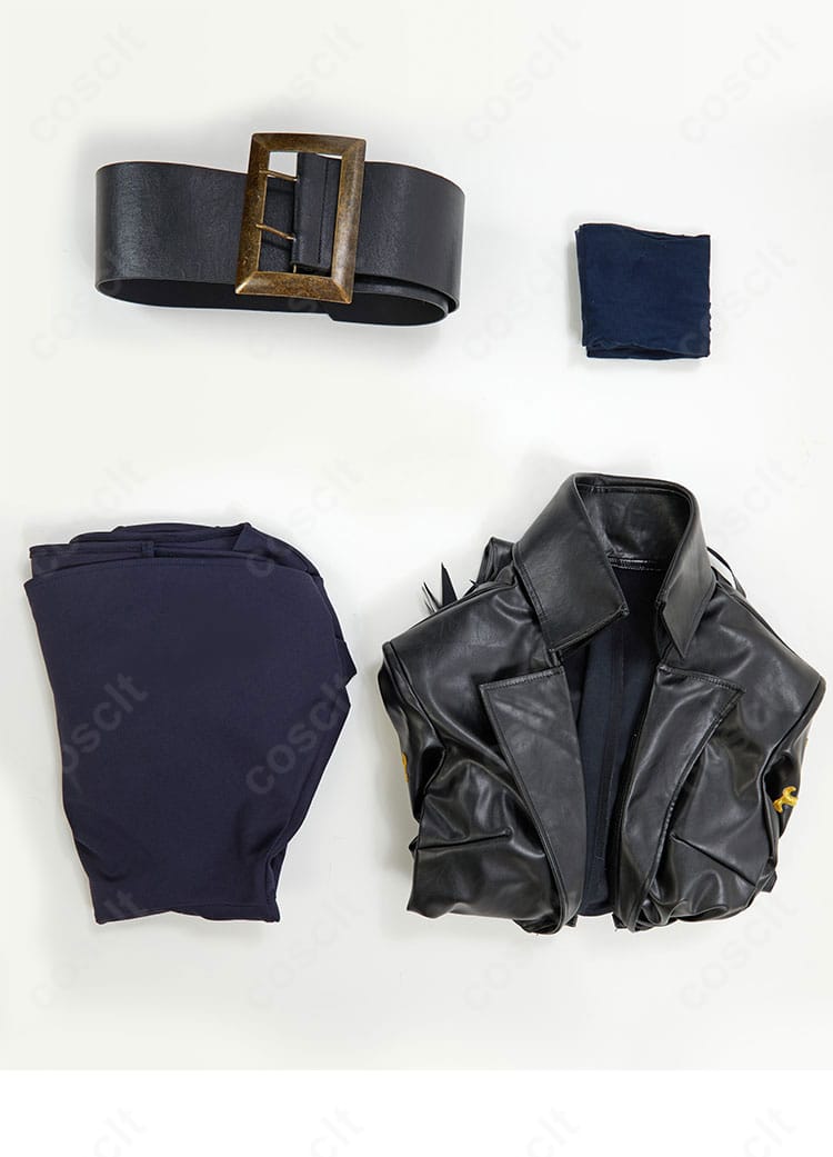 ONE PIECE ニコ・ロビン コスプレ衣装のセット内容。コート・ワンピース・ベルト・靴下の4点セットを並べて撮影。