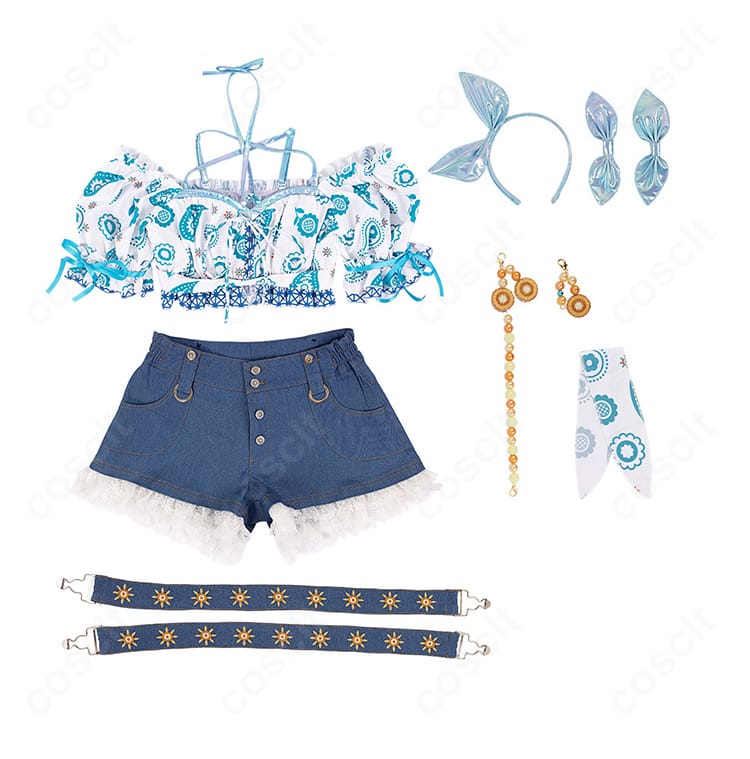 日野下花帆・乙宗梢 夏めきペイン衣装のセット内容一式。トップス、ショートパンツ、腰飾り、手首飾り、カチューシャ、髪飾りを並べた画像。