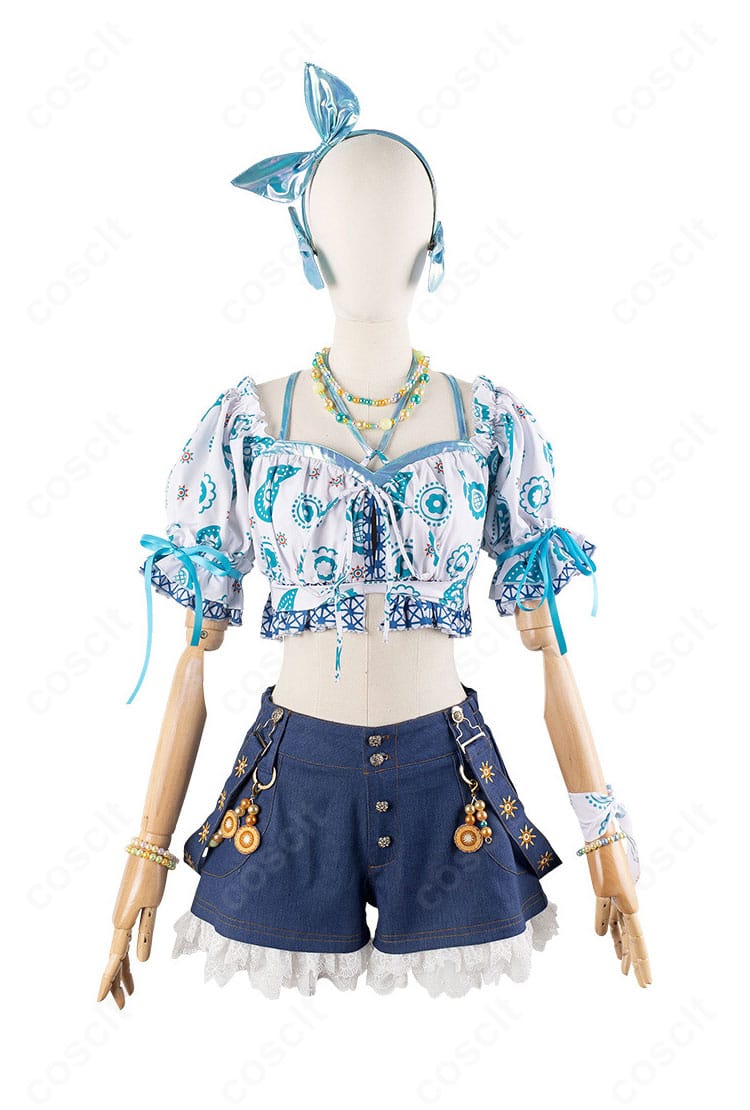 ラブライブ!蓮ノ空 日野下花帆・乙宗梢 夏めきペイン衣装の正面全身。トップスとショートパンツのカラー切替とラインが分かる。