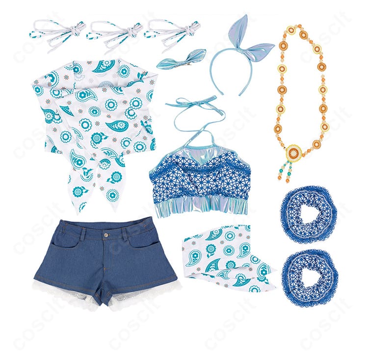 セット内容の全体カット。トップス、ベアトップ、ショートパンツ、腰布、各種飾りの一覧