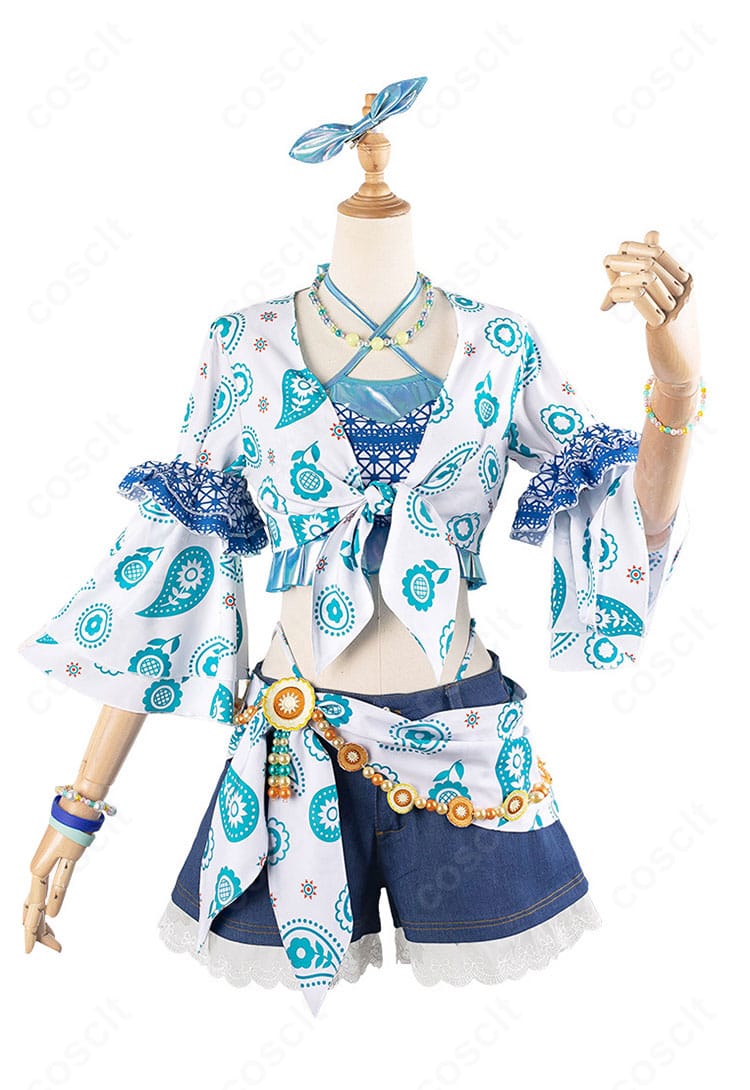 夏めきペイン衣装の正面ディテール。トップスと腰飾りの配色・装飾を鮮明に撮影