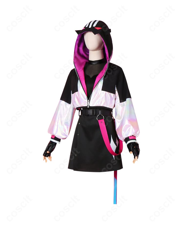 プロセカ 鳳えむ サイバーパンクデッドボーイ衣装の正面スタイル。高コントラスト配色とハリのあるシルエットを強調