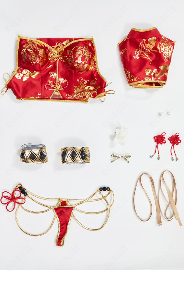 春麗 コスプレ衣装 セット内容一覧。つけ襟、チャイナドレス、ショーツ、髪飾り、耳飾り、中国結び、胸飾り、手首飾りを確認できます。