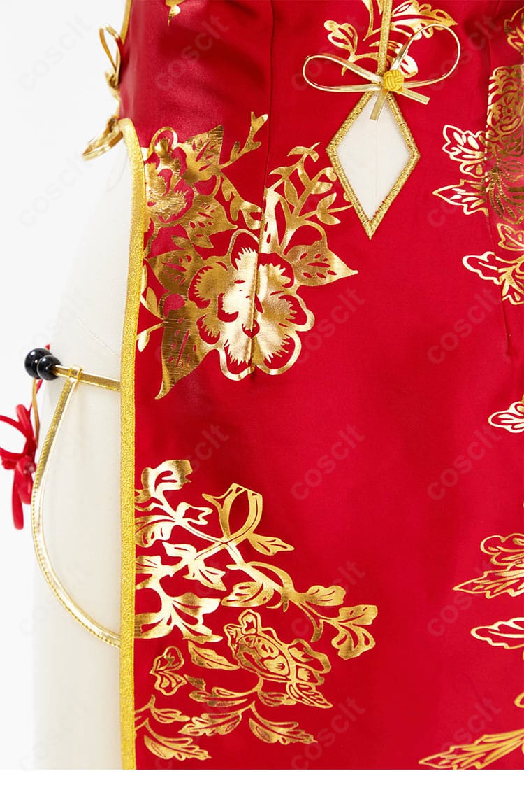 春麗 コスプレ衣装 裾まわり装飾。チャイナドレスのヘムラインと装飾のデザインを詳細に表現。