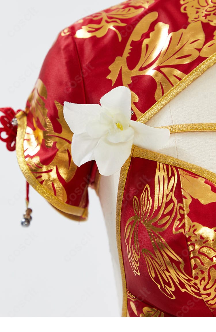 春麗 コスプレ衣装 右肩装飾ディテール。肩周りの意匠と縫製の仕上がりをクローズアップ。