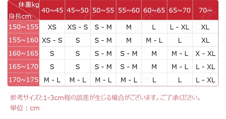 春麗 コスプレ衣装 サイズ表。S・M・L・XLの寸法ガイドで適切なサイズ選びをサポートします。