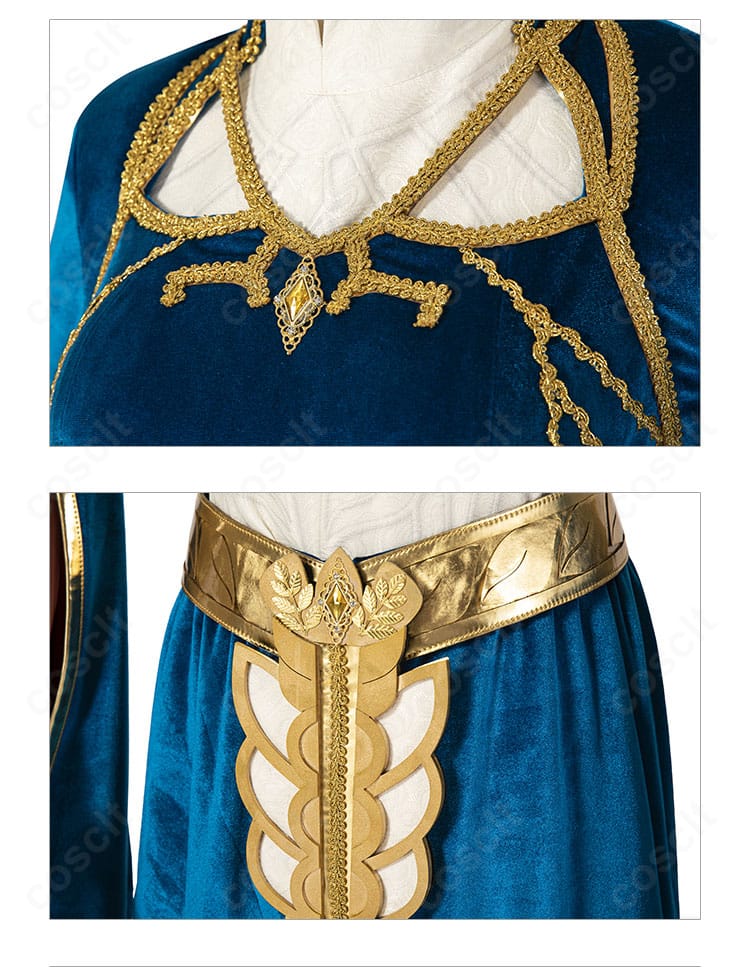 ゼルダ姫王女衣装の襟元とウエスト装飾アップ。刺繍と装飾パーツの質感がわかる近接。