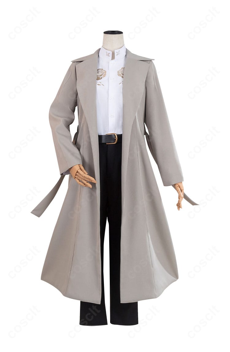 文豪ストレイドッグス 太宰治 コスプレ衣装の正面全身。トレンチとシャツ、パンツの構成やバランスを確認できます。