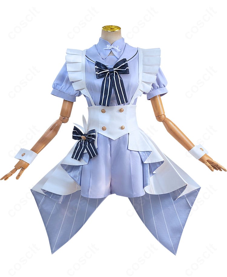 香風智乃コスプレ衣装の正面全体。端正なリボンとつけ襟、スカートのラインが映える制服コーデ。