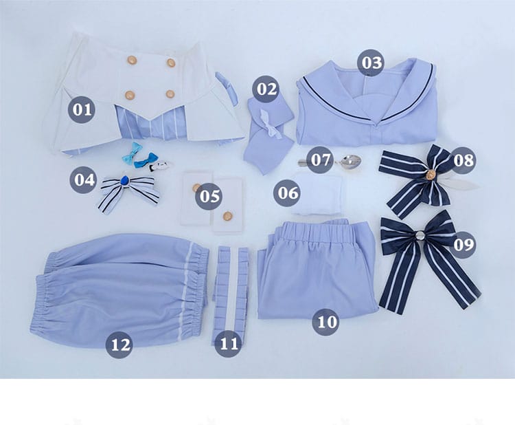 香風智乃コスプレ衣装のセット内容一覧。トップス、スカート、ショートパンツほか小物一式。