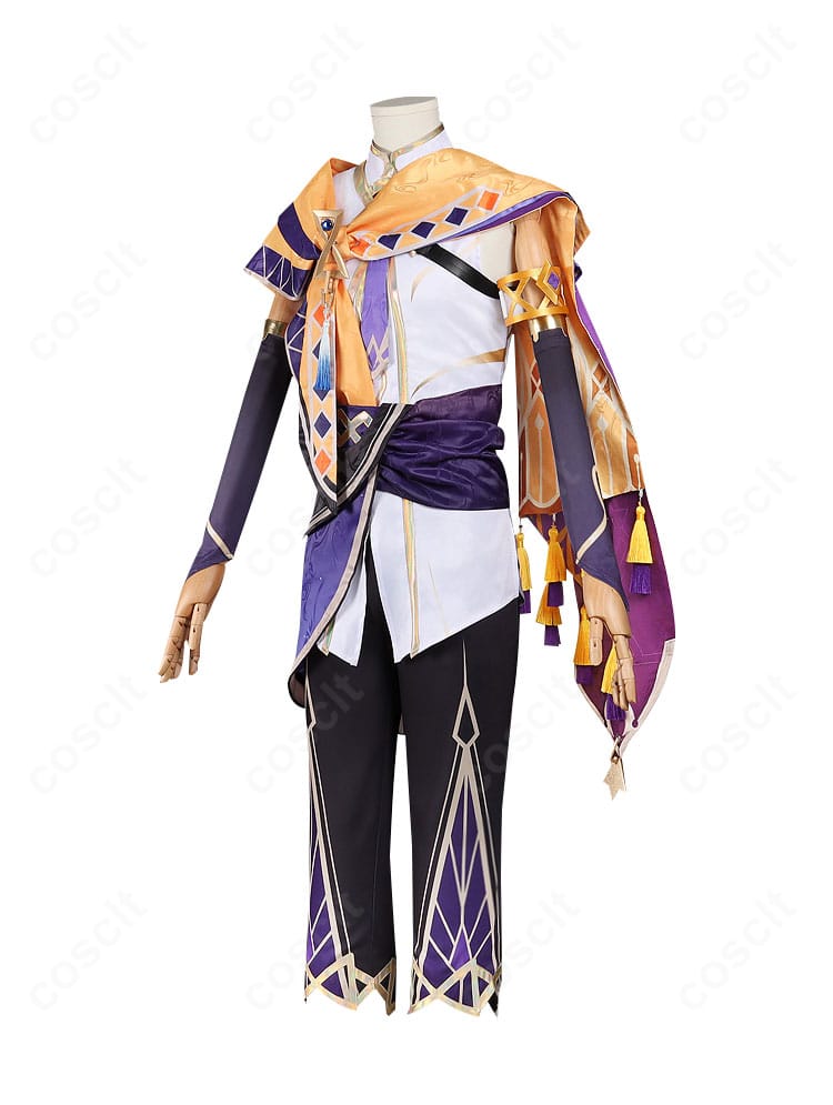 セトス コスプレ衣装の側面。ショールの落ち感とズボンのライン、フリンジの流れが確認できます。