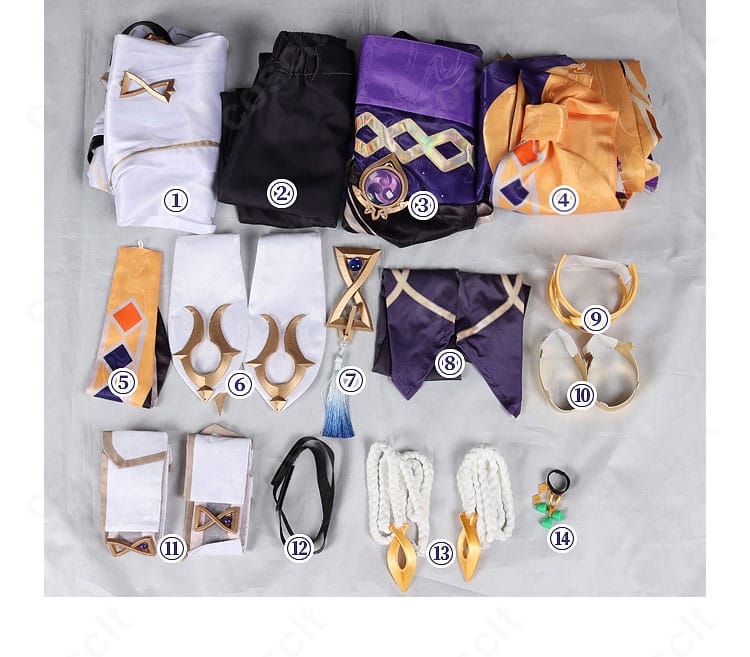 セトス衣装のセット内容一覧。トップス、ズボン、ショール、神の目飾りほか一式が揃います。