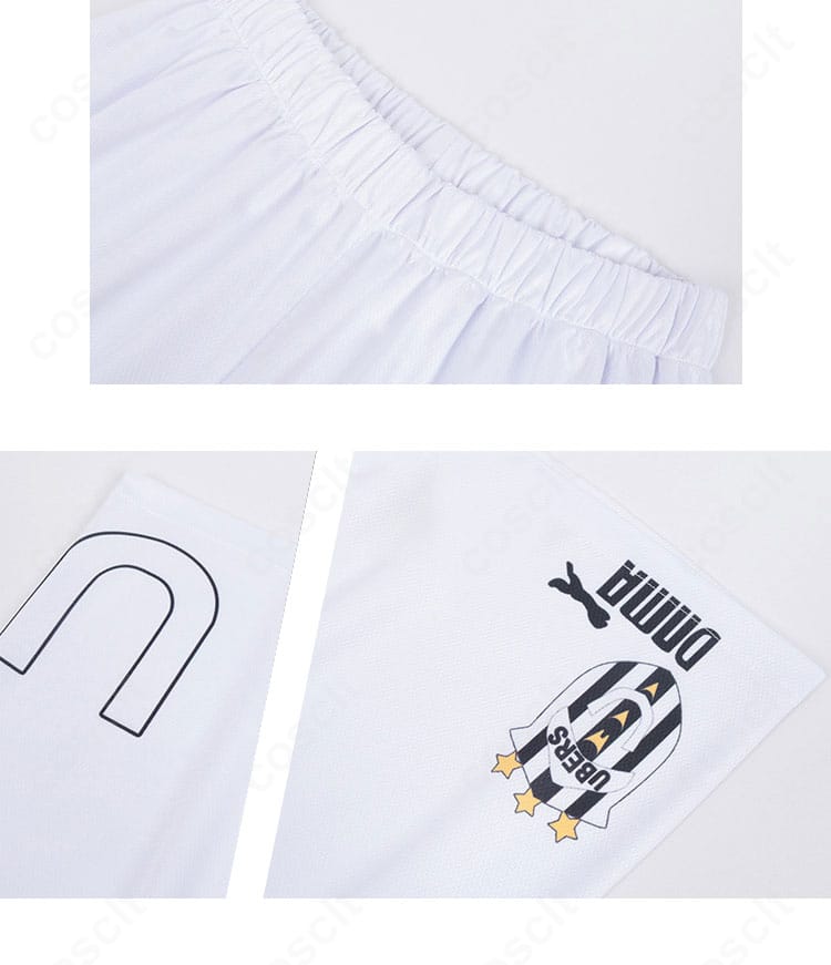 半ズボンの装飾ディテール。両サイドのストライプや裾の始末を近接で確認。