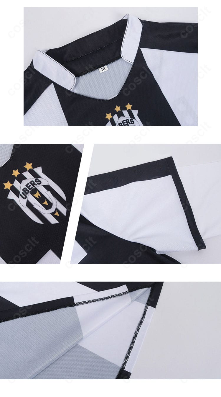 ユニフォーム上着の装飾ディテール。胸元ロゴの刺繍表現とライン端の処理を拡大表示。