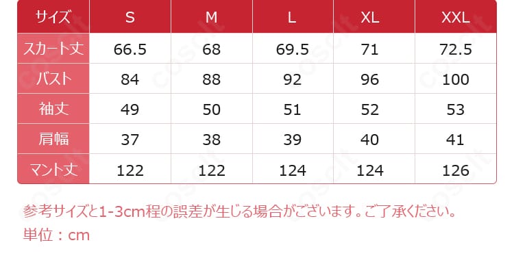 サイズ表と寸法ガイド。S〜XXLの各部位採寸の目安を示す説明画像。