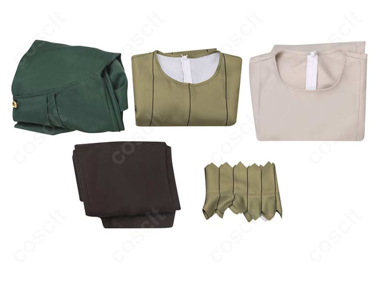 ミスルン衣装のセット内容一式。マント、ワンピース、つけ襟、ズボン、スカートを並べて表示。