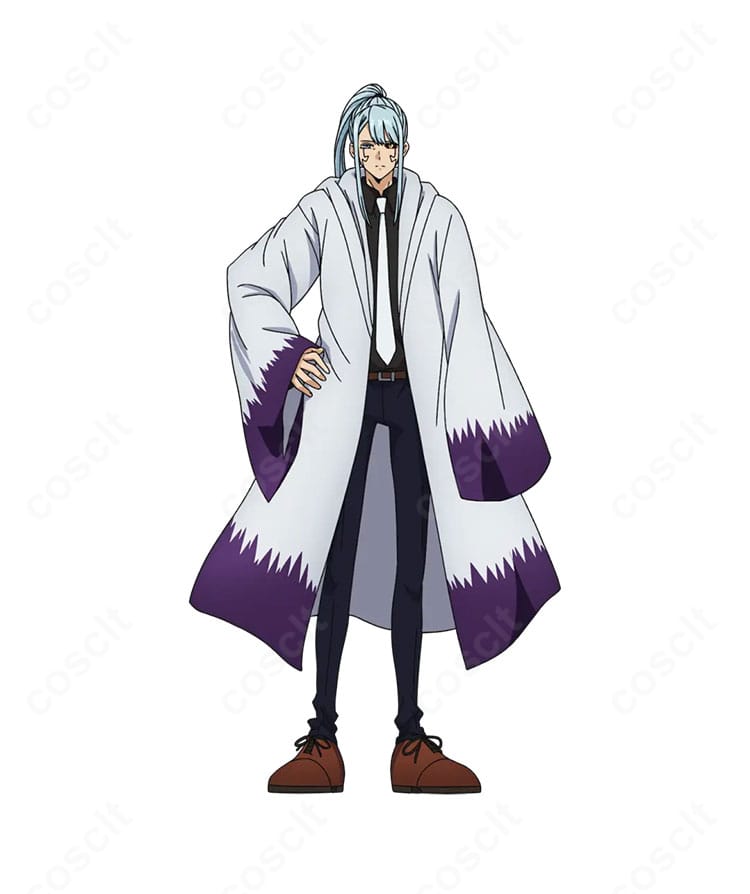 マッシュル アビス・レイザーのコスプレ衣装一式を着用した全身画像。黒基調コートとネクタイで高再現のシルエット。