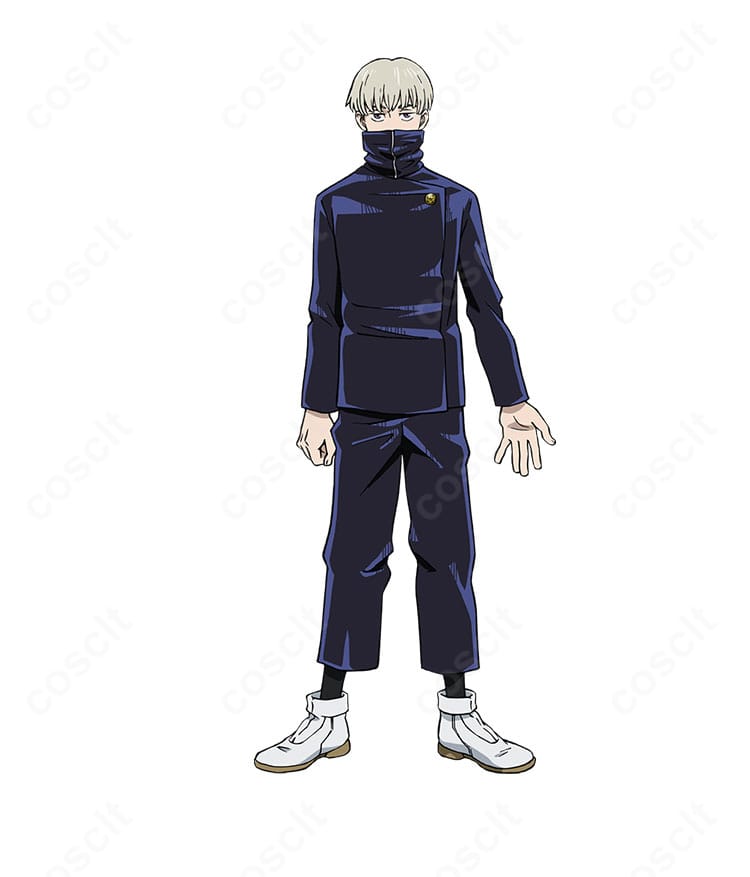 呪術廻戦 狗巻棘の制服コスプレ全身。スヌード・上着・ズボンの3点セットでキャラクターの静かな雰囲気を忠実に再現。